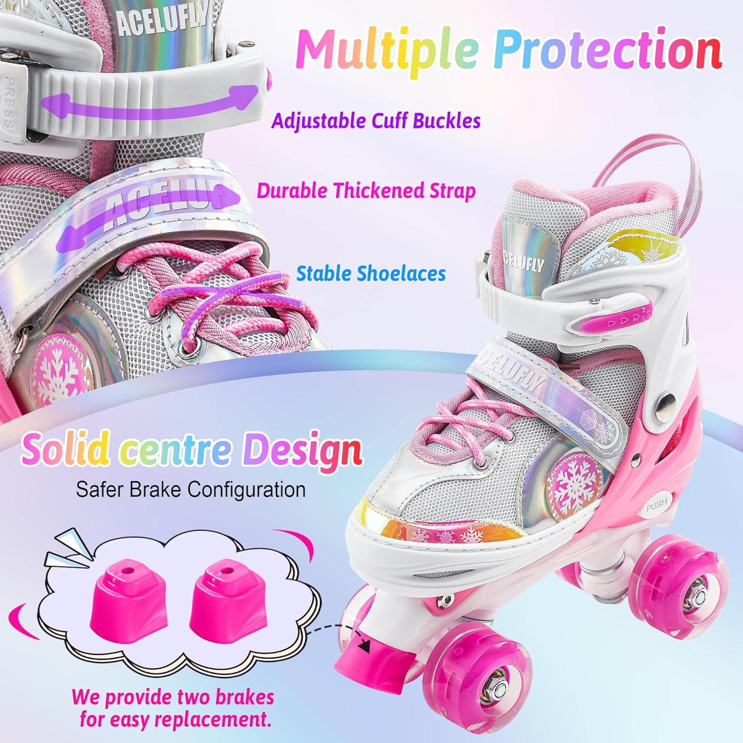 Acelufly Roller Skates for Girls Kids Beginners, Adjustable Quad Skates with All Light up Wheels image number 5