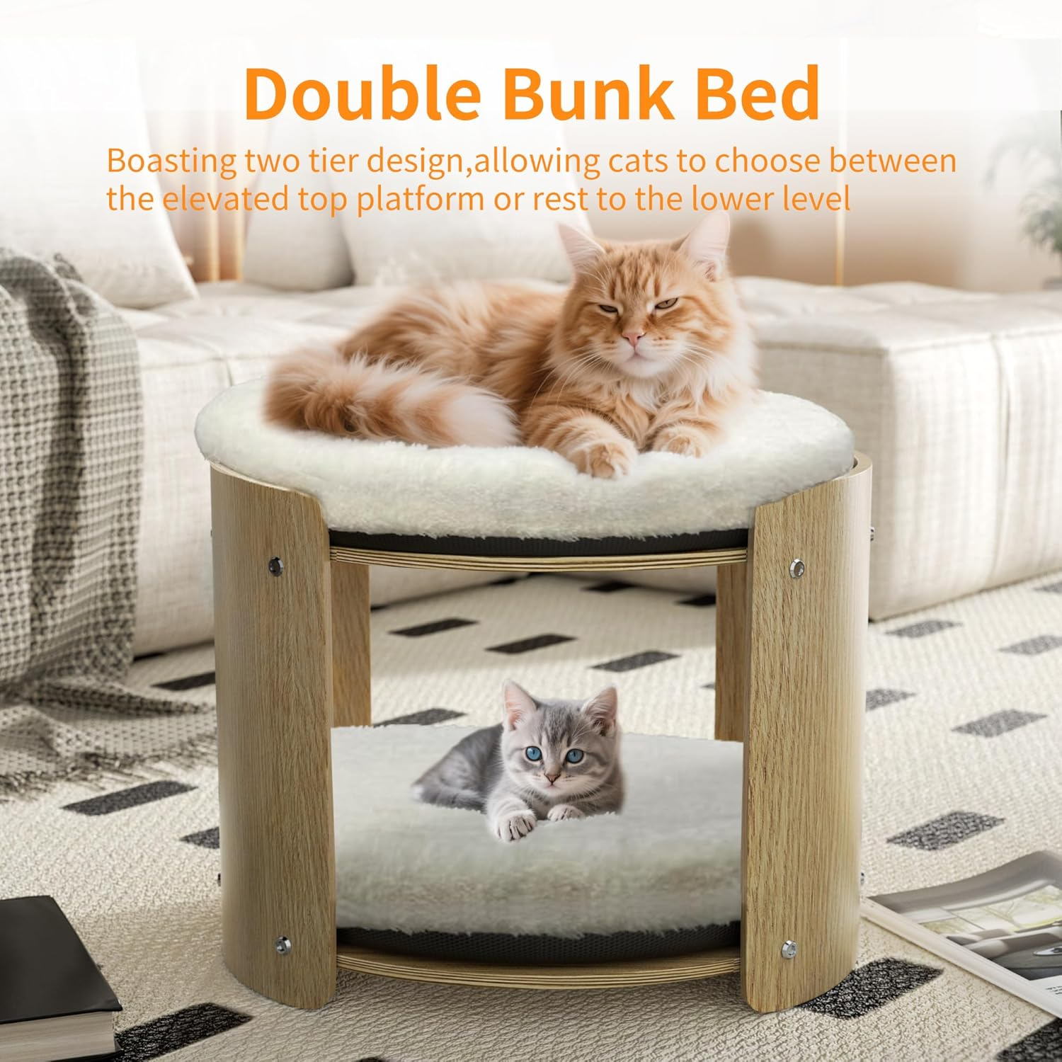 Bingopaw Elevated Cat Bed: 2-Tier Cat Stool for Indoor Cats, Beech Wood Frame Double Kitten Bunk Bed Pet Furniture with Super Soft Plush Mats More Thicker image number 1