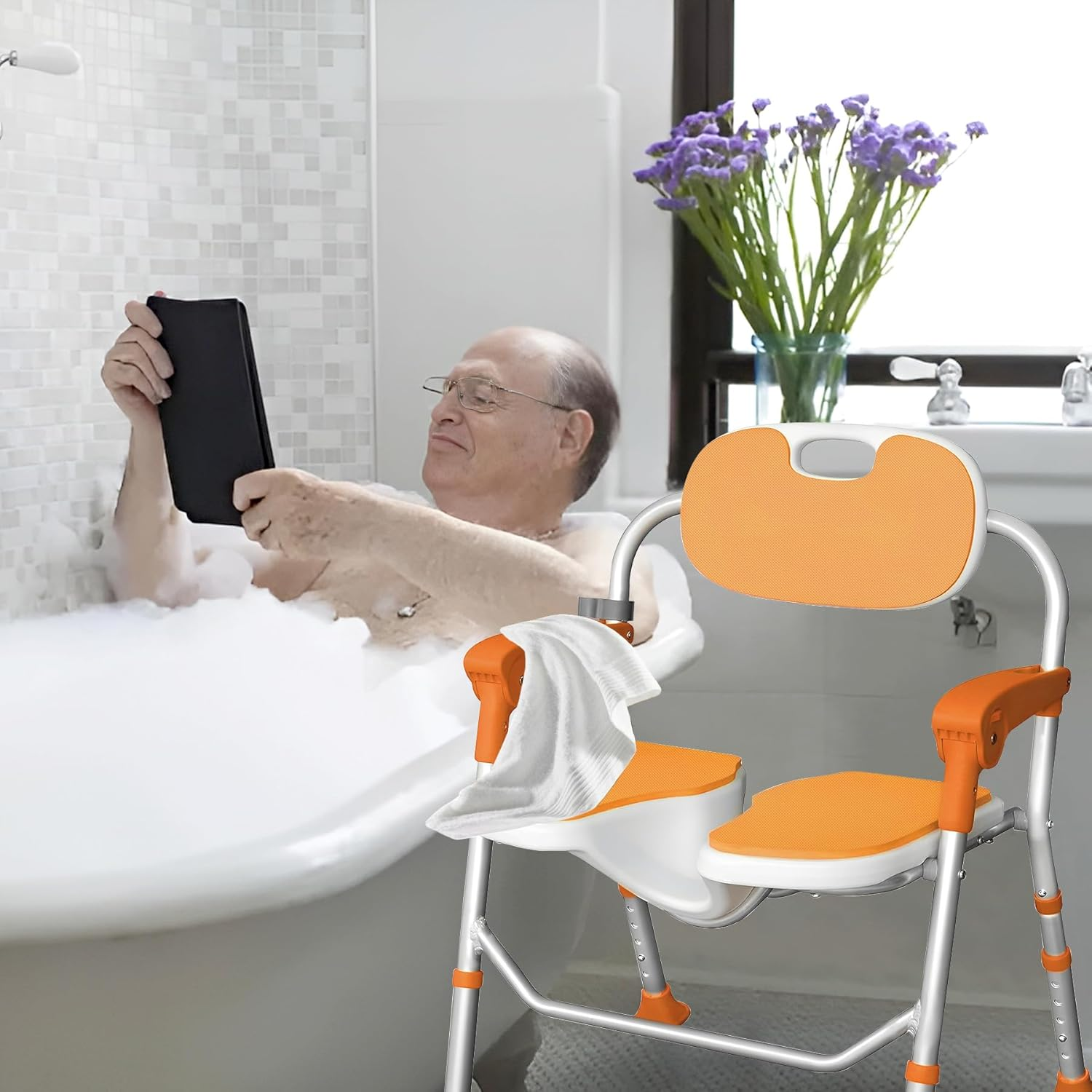 Folding Shower Chair with Arms and Back 350 LB, Folding Shower Chair 5-Level Adjustable, Non-Slip Feet Shower Seat Cutout for Private Washing,For Elderly,Disabled, Seniors & Pregnant