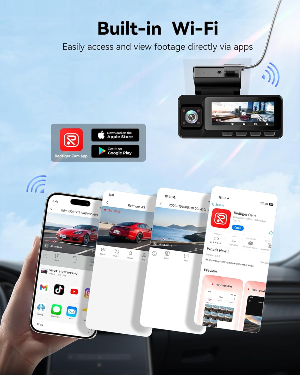 REDTIGER 2.5K 3 Channel Dash Cam with Wifi, 2.5K+1080P+1080P Dash Cam Front and Rear Inside, 3.18'' Screen, Included 32GB Card, IR Night Vision, Loop Recording, 24H Parking Mode, Support Max 256GB(A3) image number 4