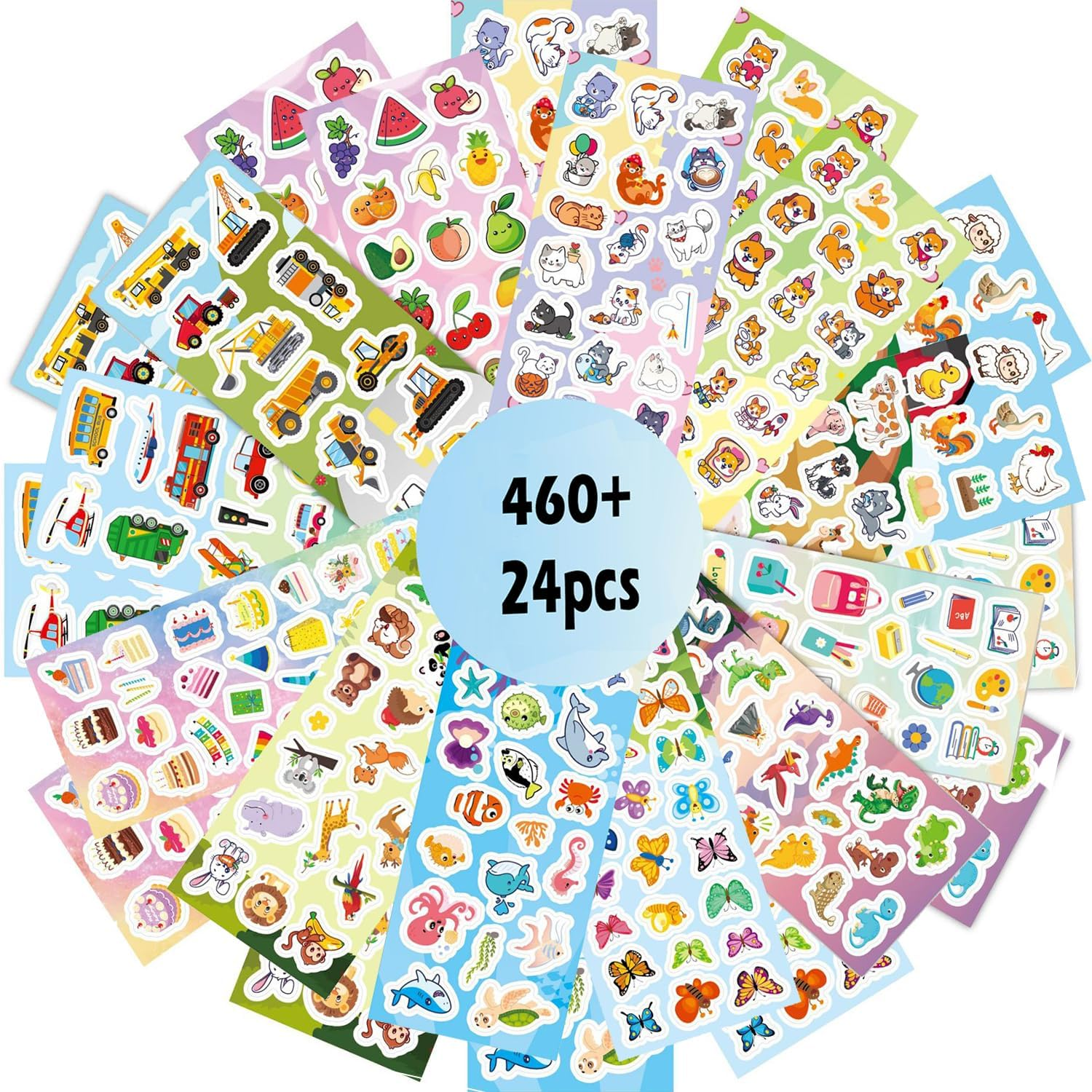 460Pcs Stickers for Kids, 24 Sheets Mixed Water Bottle Vinyl Stickers Pack for Kids with Cute Animals, Cars,Excavator,Stationery, Fruit, Poultry, Dog, Dinosaur, Butterfly, Cake, Ocean, Cat Sticker image number 3