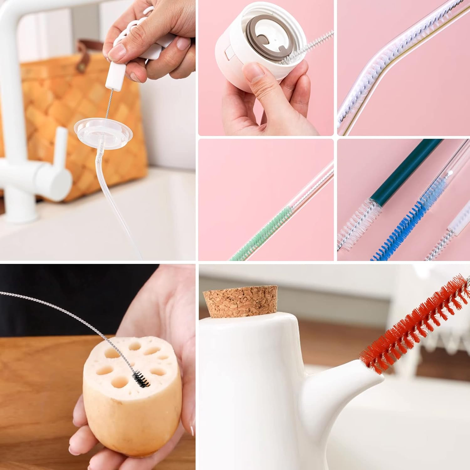 BOROLA Nylon Cleaning Brush Straw Cleaning Brush Set with Stainless Steel Handle Bendable Brush for Cleaning Pipes, Coffee Pots and Other Hard to Clean Crevices.(240 * 50 * 10Mm,6Pcs White) image number 5