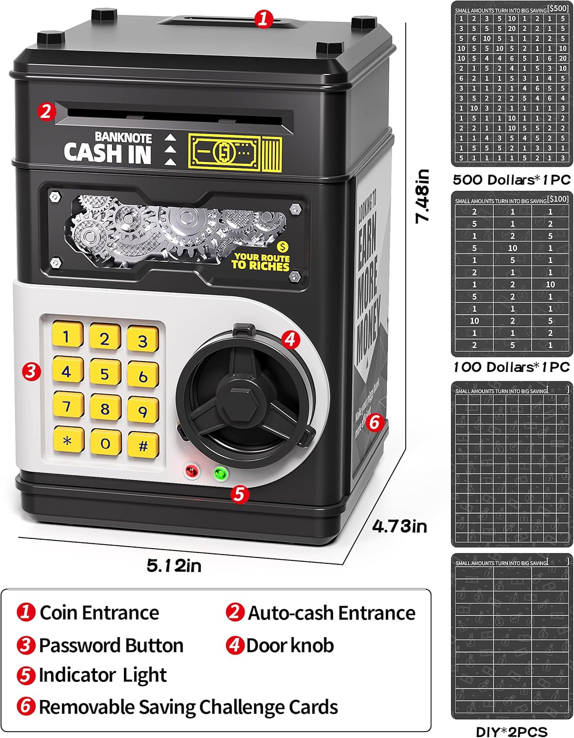 Piggy Bank for Kids Boys 5-13 with 4 Saving Record Cards, Kids Money Safe Banks for Real Money with 4-Digit Password, Electronic Piggy Bank Toys for Boys Girls with Atm-Style Cash Slot, Black - Blue image number 5
