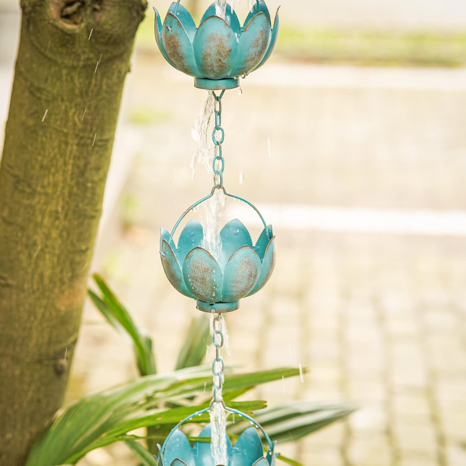 Topadorn 8.5 FT Rain Chain Iron Gutter Chains with 12 Rain Collector Thick Iron Flower Cups Garden Decoration,Lake Blue image number 2