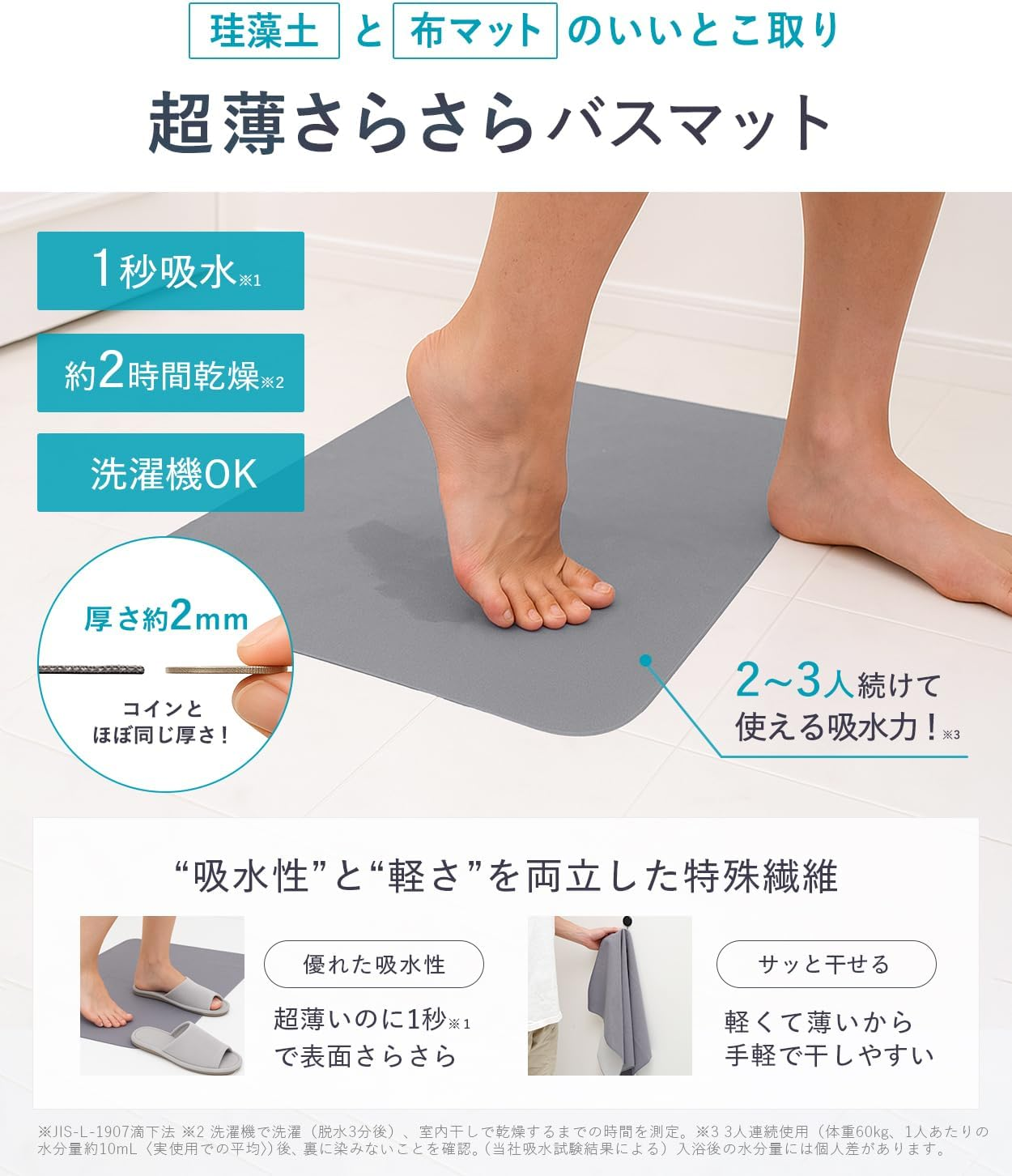 Laughing Shock Ultra Thin Smooth Bath Mat, 17.7 X 23.6 Inches (45 X 60 Cm), Gray/Waterproof, Anti-Slip, Incredibly Thin for Absorption - Beige image number 2