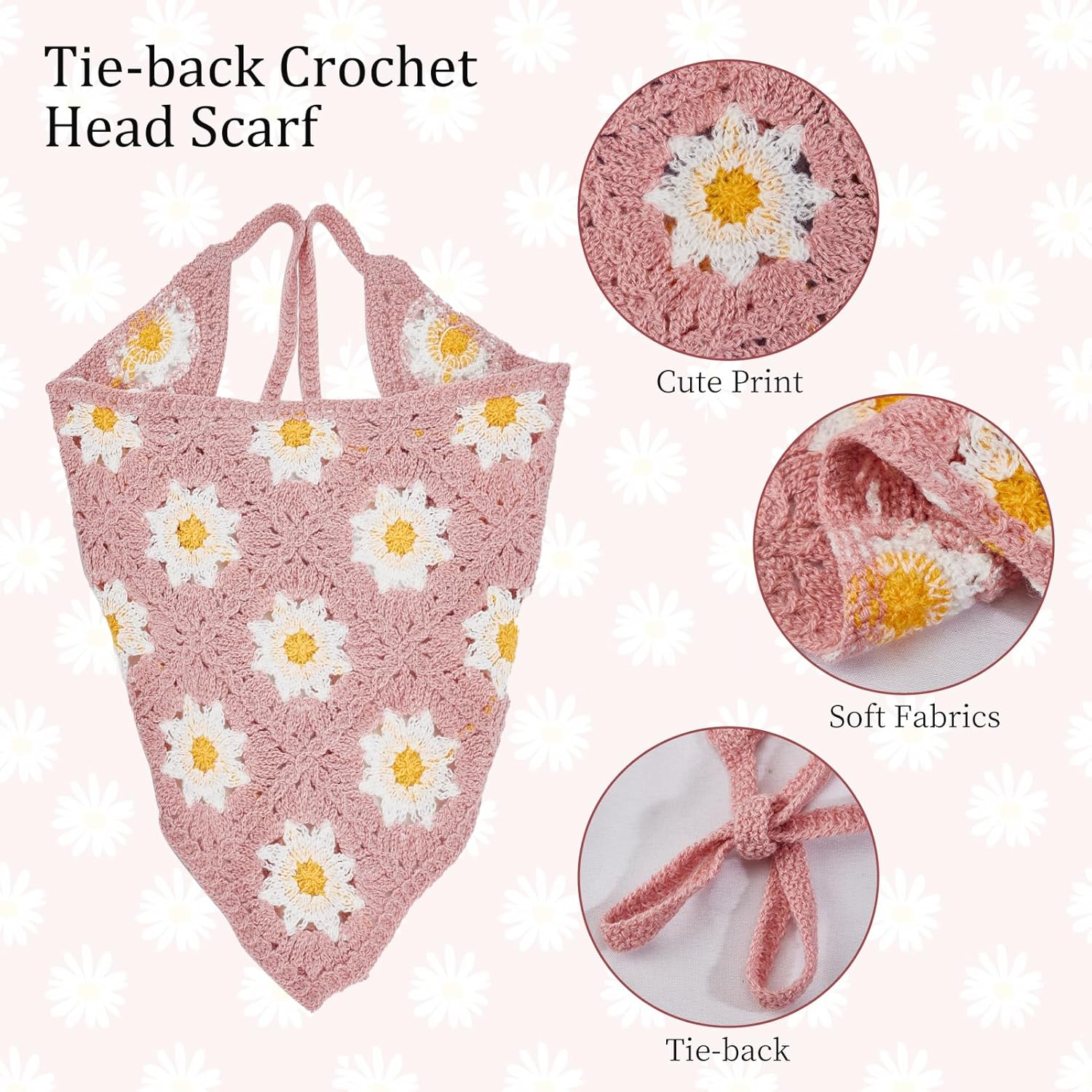 NICENEEDED 4 Pcs Crochet Bandanas Headbands, Flowers Knitted Headscarf Hairbands Foral Headwrap Knit Bandana Headband Scarf Tie-Back Head Coverings Hair Accessories image number 5