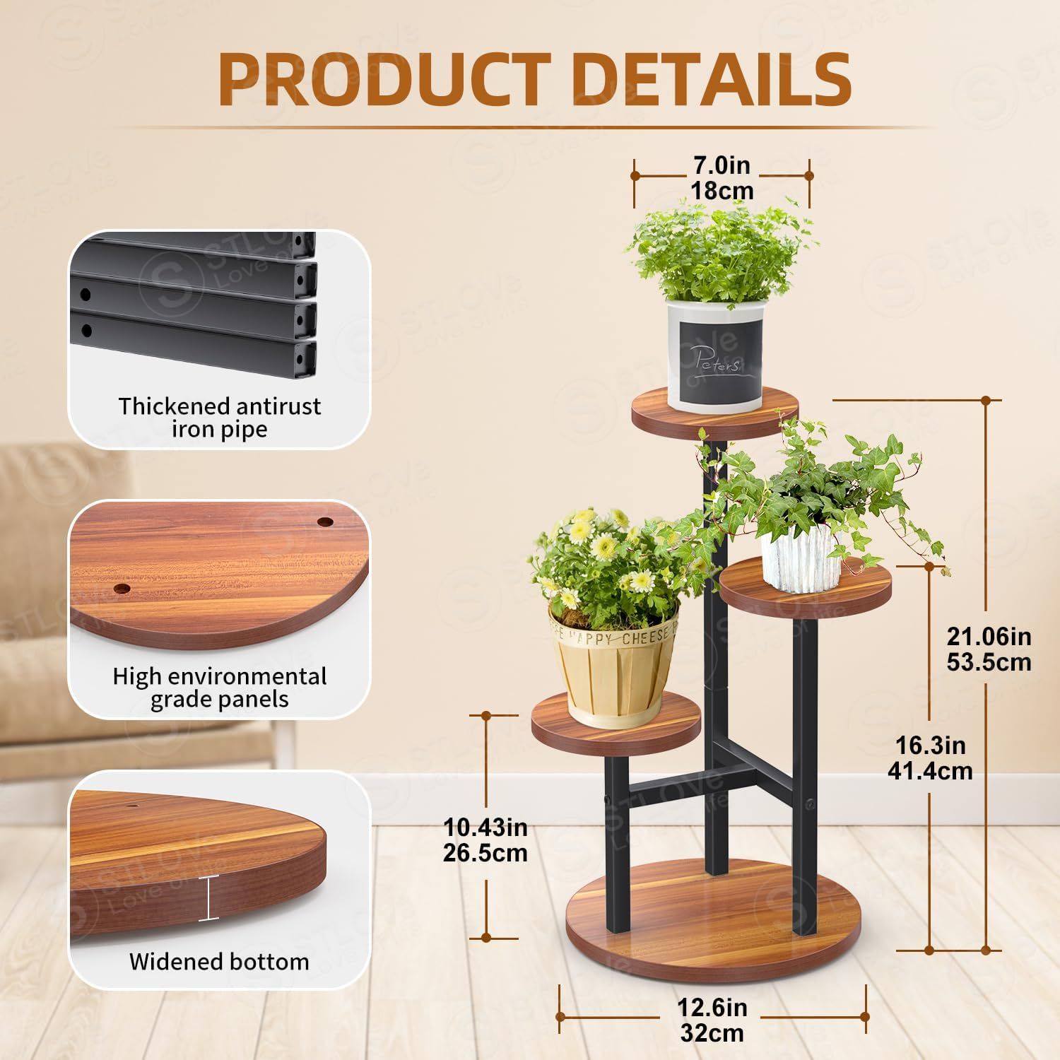 Stlove Plant Shelf, Flower Stand, 3 Levels Flower Shelf, Plant Stand, Flower Stairs for Room Corner, Living Room, Balcony, Patio, Window, Garden, Yard, 53.5 Cm Height, Metal Mahogany image number 5