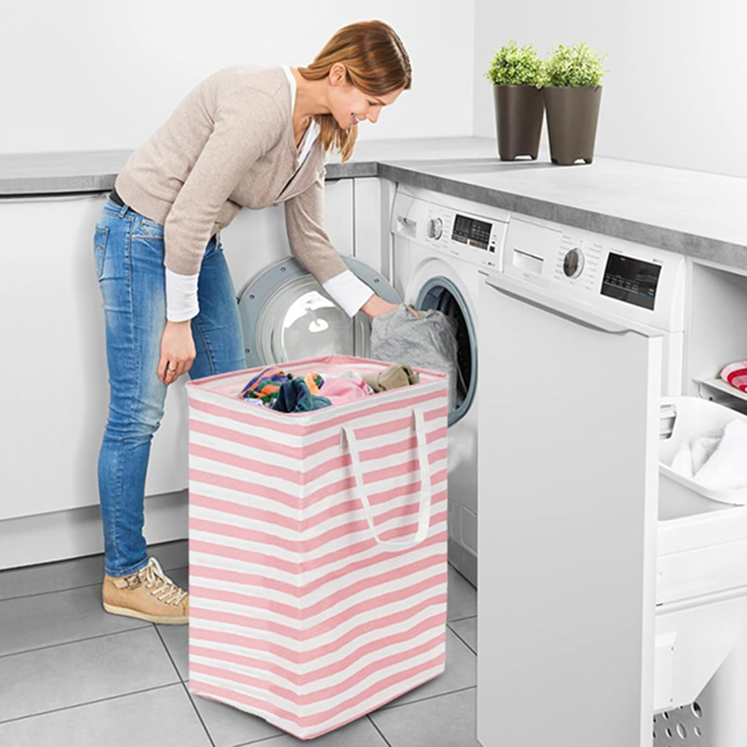 Glarks 1 Pack 75L Large Laundry Basket, Waterproof Laundry Hamper with Long Reinforced Handles, Collapsible Freestanding Clothes Hamper for Bedroom, Bathroom, Dorm(Pink Stripe) image number 4