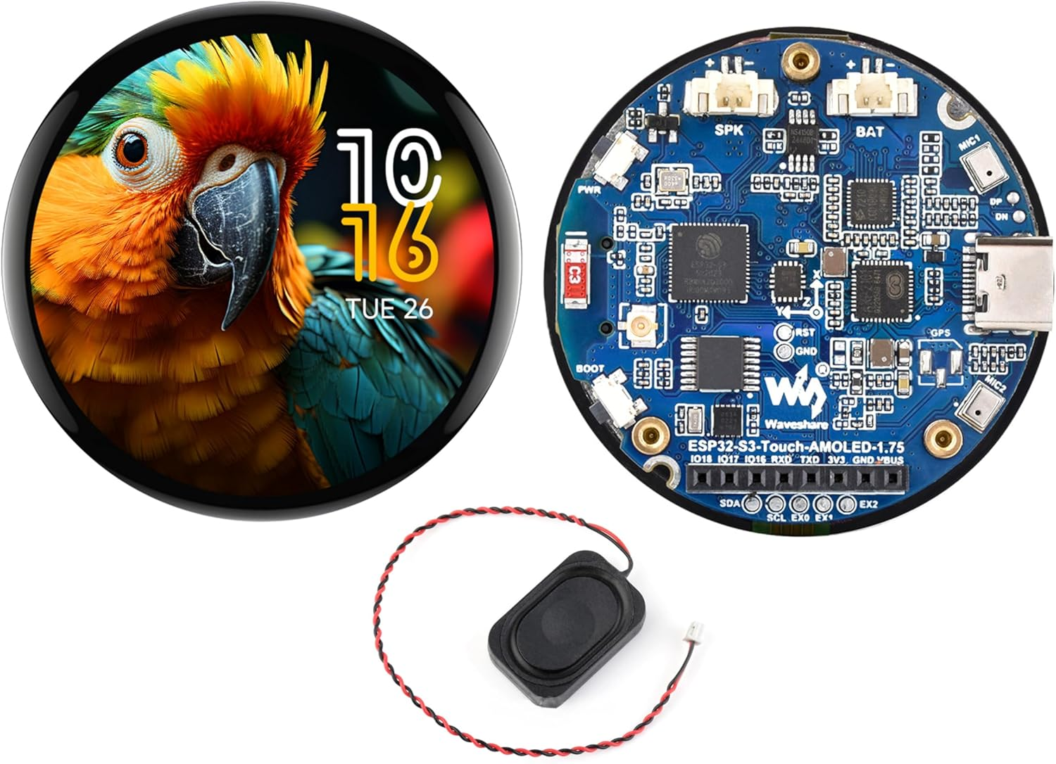 ESP32-S3 with 1.75Inch AMOLED round Touch Display Development Board, 466X466, QSPI, Type-C Interface Onboard Dual Digital Microphone Array, Support AI Speech Interaction,With 8&Omega; 2W Speaker
