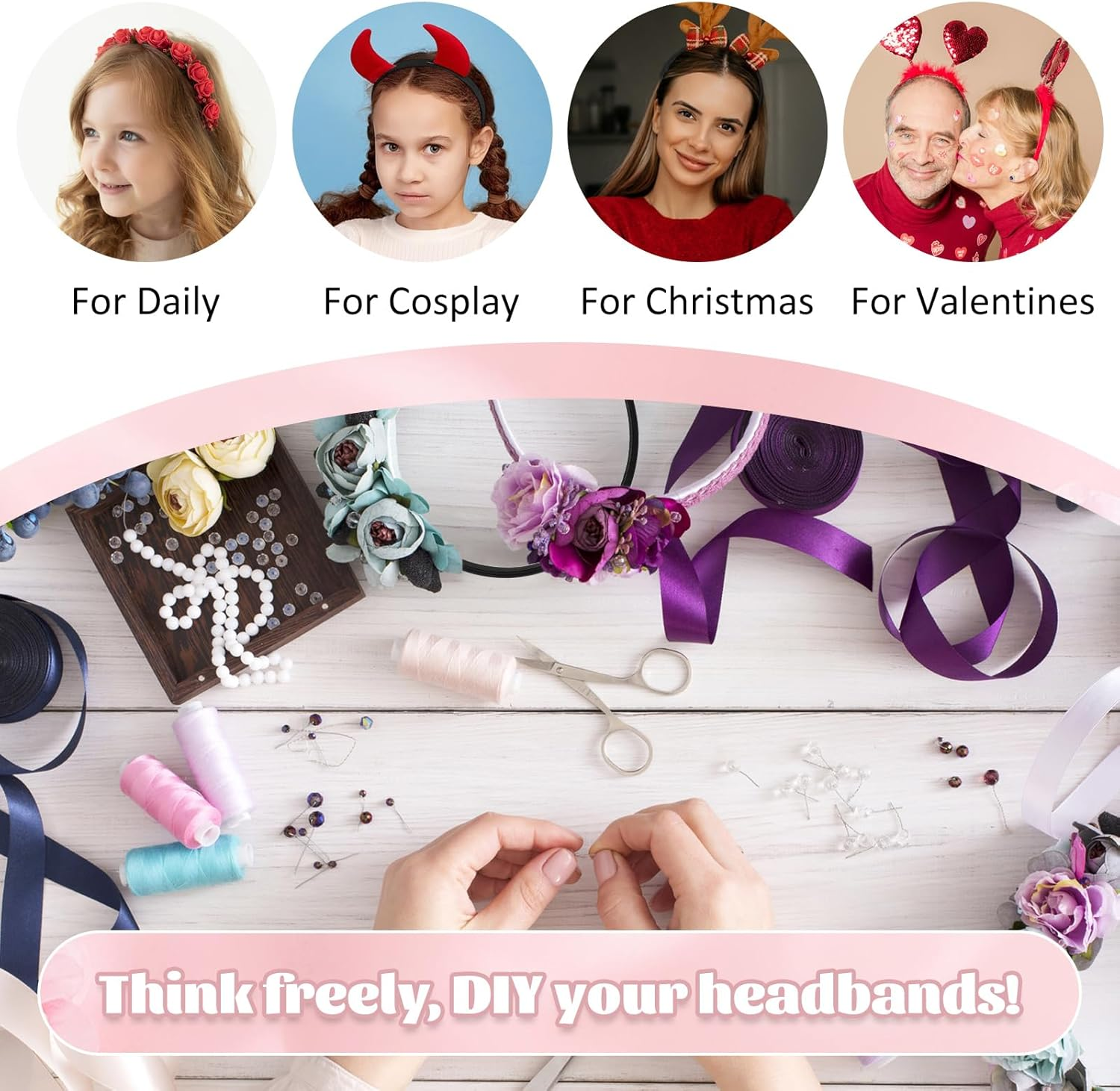 Pack of 2 Satin Hair Bands, Wide Headbands, Plain Headbands for Women, Non-Slip Hair Accessories for Women, Girls, Makeup Removal, Cleaning, Skin Care, Halloween, Carnival (Width 2 Cm) image number 5