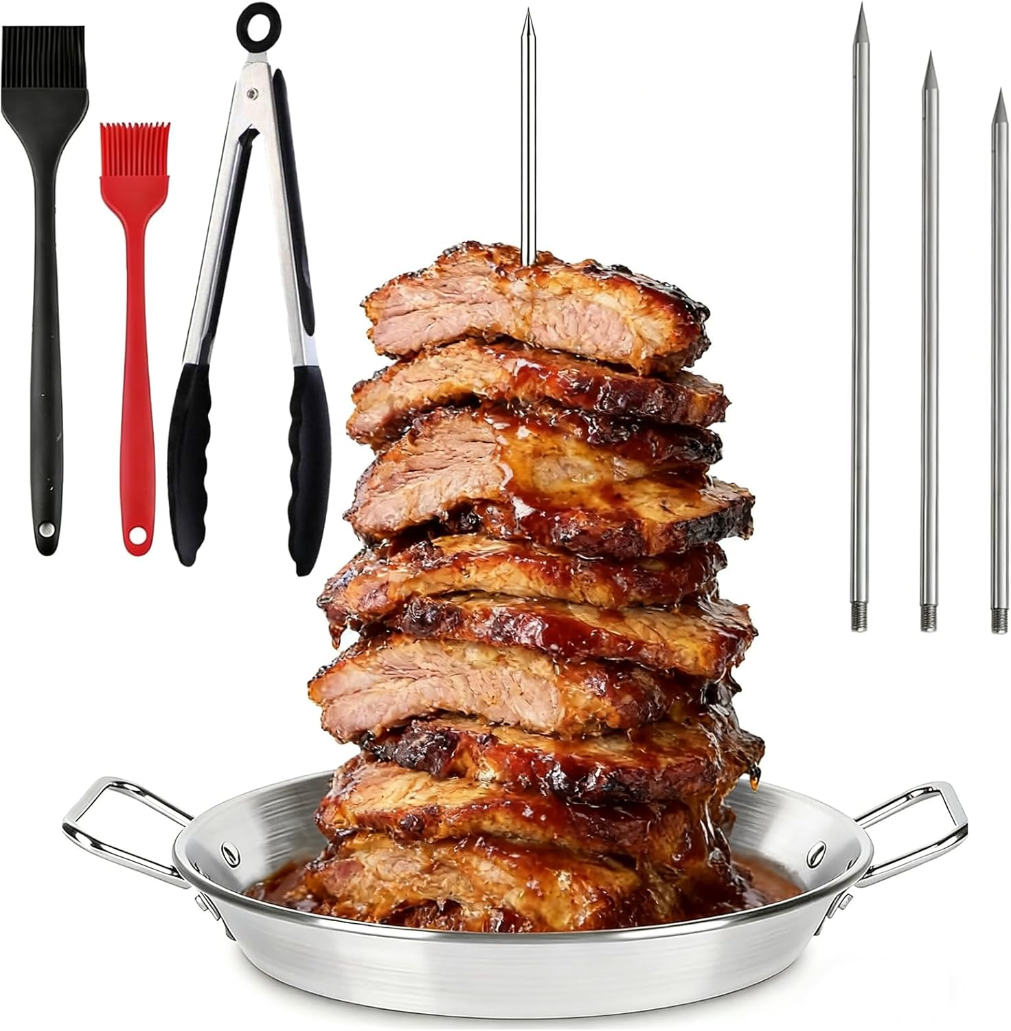 Al Pastor Skewer for Grill, Brazilian Spit Stand with 3 Removable Skewers (8&rdquo;, 10&rdquo;, 12&rdquo;) & Barbecue Tongs and 2 Brushes, Brushes, Perfect for Tacos Al Pastor, Shawarma, Kebabs, Smoker, BBQ, Oven image number 4