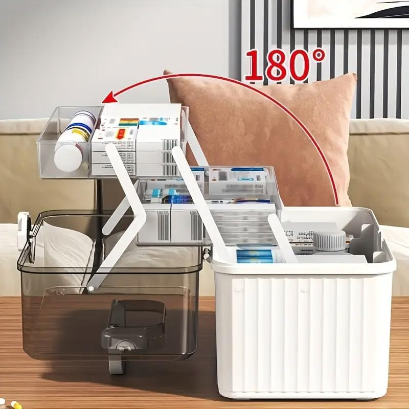 AIMALL Large-Capacity Multi-Layer Medicine Box with Lockable Transparent Lid &ndash; Home First Aid & Drug Storage Organizer for Emergency Use &ndash; White/Blue image number 1