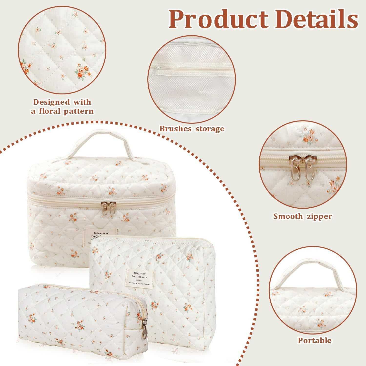 Everfunny 3 Pcs Cotton Quilted Makeup Bag Set, Floral Cotton Cosmetic Bag, Aesthetic Toiletry Travel Organizer Bag for Women, White Little Flower, Cosmetic Bag image number 4
