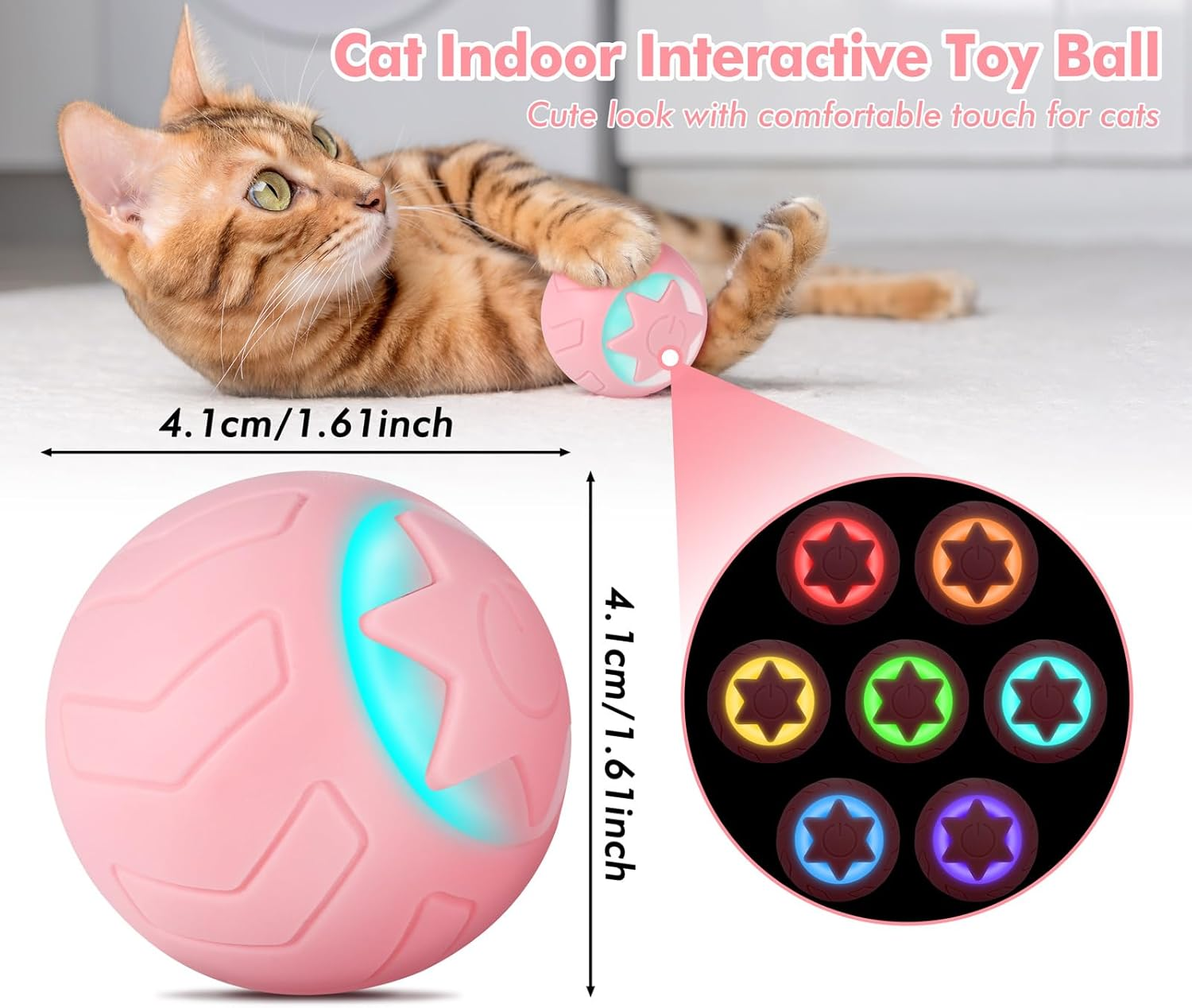 JIZZU Electric Cat Ball, Rolling Ball Interactive Cat Toy with LED Light, Pack of 4 Cat Toy, Intelligent Cat Ball, 360&deg; Self-Rotating Toy, Spiral Springs, Pink image number 6