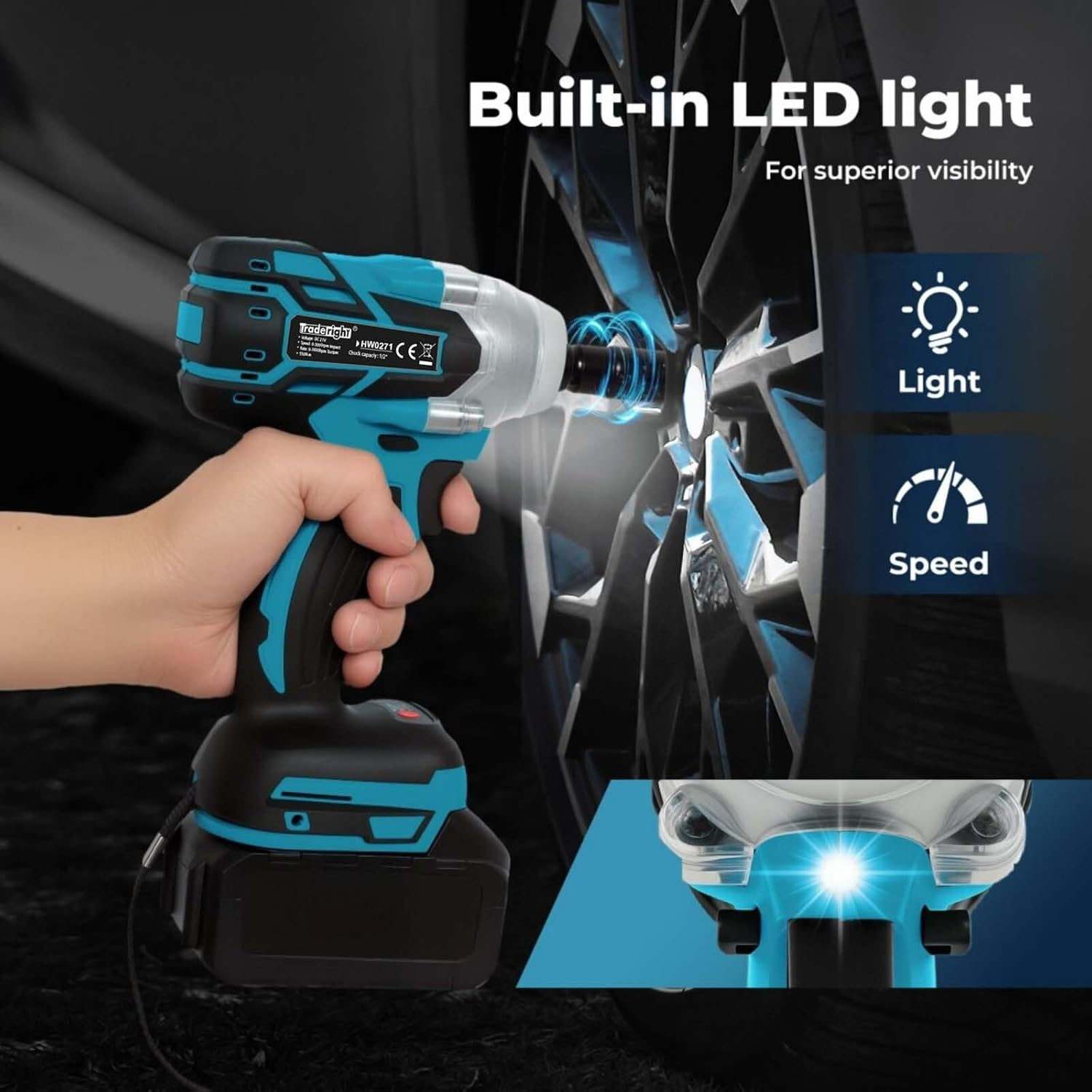 Traderight 21V Cordless Impact Wrench &ndash; 1/2" Hex Chuck,400Nm Torque,3000Rpm Variable Speed Trigger,72-Piece Impact Socket Set&Tool Kit with 2&times;4.0Ah Batteries for Diy,Automotive&Power Tools Projects image number 6