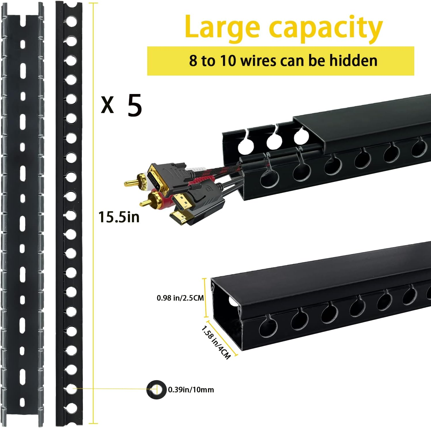 Adyawen 77.5 Inch Cable Management System Kit, Cable Raceway Kit,Open Slot Wiring Raceway Duct with Cover, On-Wall Cable Concealer Cord Organizer to Hide Wires Cords for Tvs, Computers 5X15.5''. Black