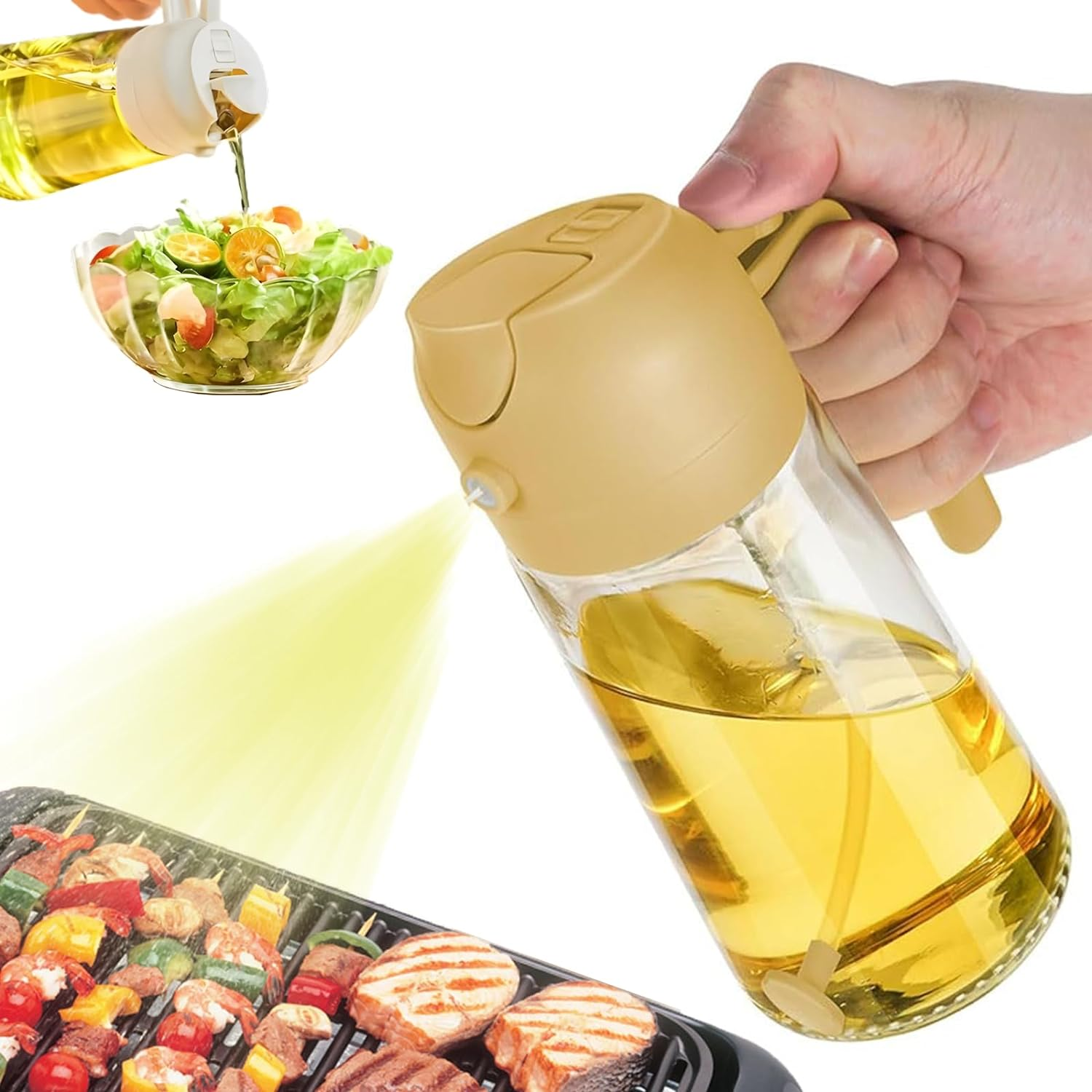 Oil Dispenser for Kitchen Spray, 2 in 1 Oil Dispenser and Oil Sprayer, Olive Bottle Spray and Pour for Kitchen, 16Oz/470Ml Glass Oil Bottle for Air Fryer, Salad, Frying, BBQ (Yellow) image number 3