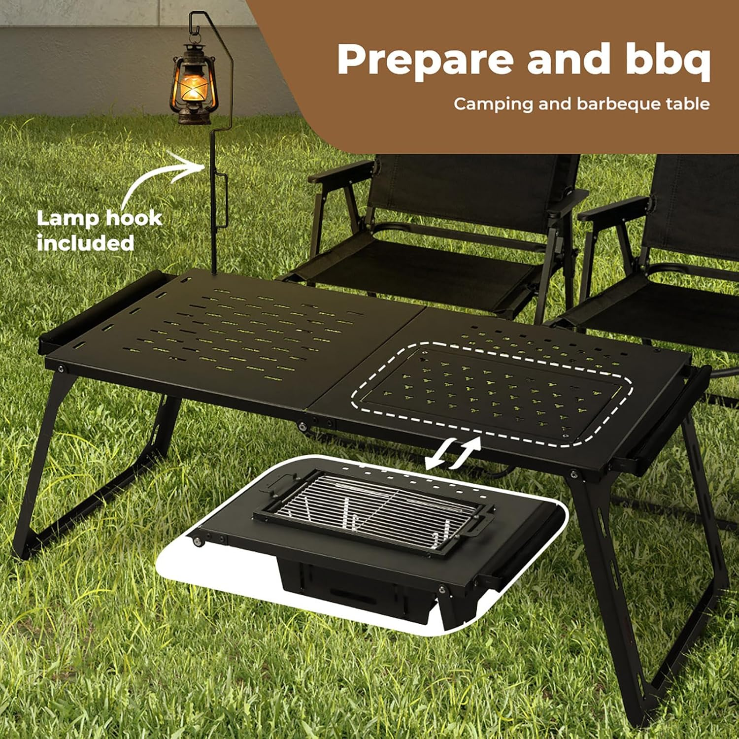 Levede Foldable Camping Table with Charcoal BBQ Grill Rack, Outdoor Portable Folding Steel Grill Desk with Lamp Bracket Hook, Cooking Barbecue Picnic Hiking Furniture Patio Dining Balcony Large Black image number 2
