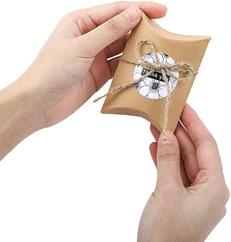 WODJR 100Pcs Pillow Boxes Kraft Pillow Boxes Small Gift Boxes Wedding Gift Boxes Brown Paper Pillow Candy Box Mini Party Favor Boxes Treat Boxes for Wedding Birthday Gifts Packaging, 100Pcs Jute Twine image number 5