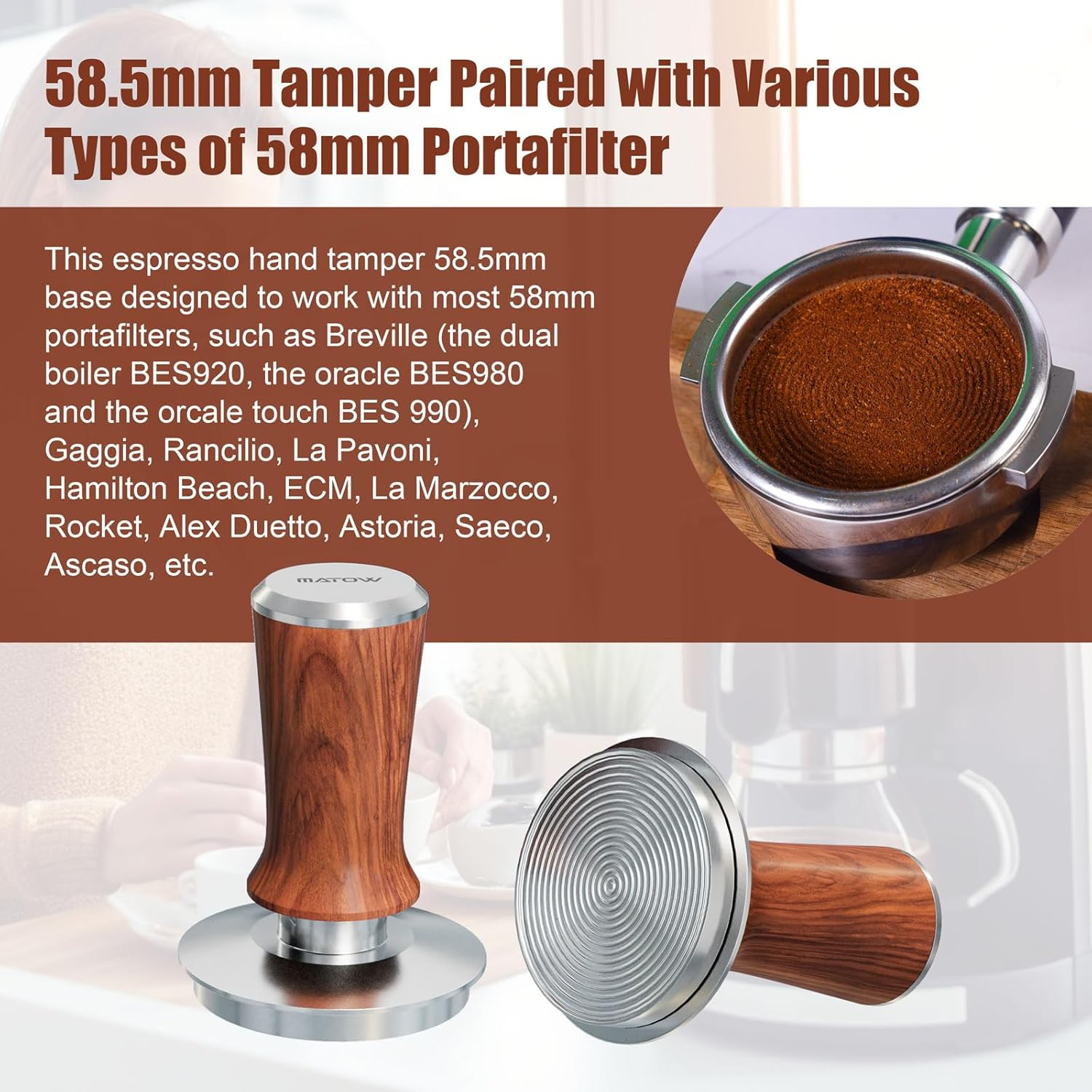 MATOW 58.5Mm Espresso Hand Tamper, Dual Calibrated Spring Loaded Coffee Tamper with Stainless Steel Ripple Base, Pro-Barista 30Lbs Espresso Tamper with Red Rosewood Handle Fits 58Mm Portafilter image number 5