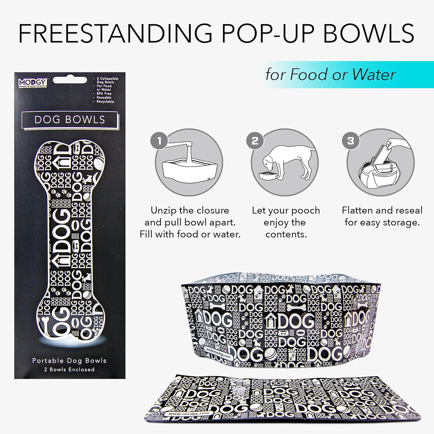 Modgy Dog Bowl 2-Pack Doggy Dog Design, Collapsible & Expandable, Convenient, Great for Traveling, Camping, Hiking, Picnics & More image number 6