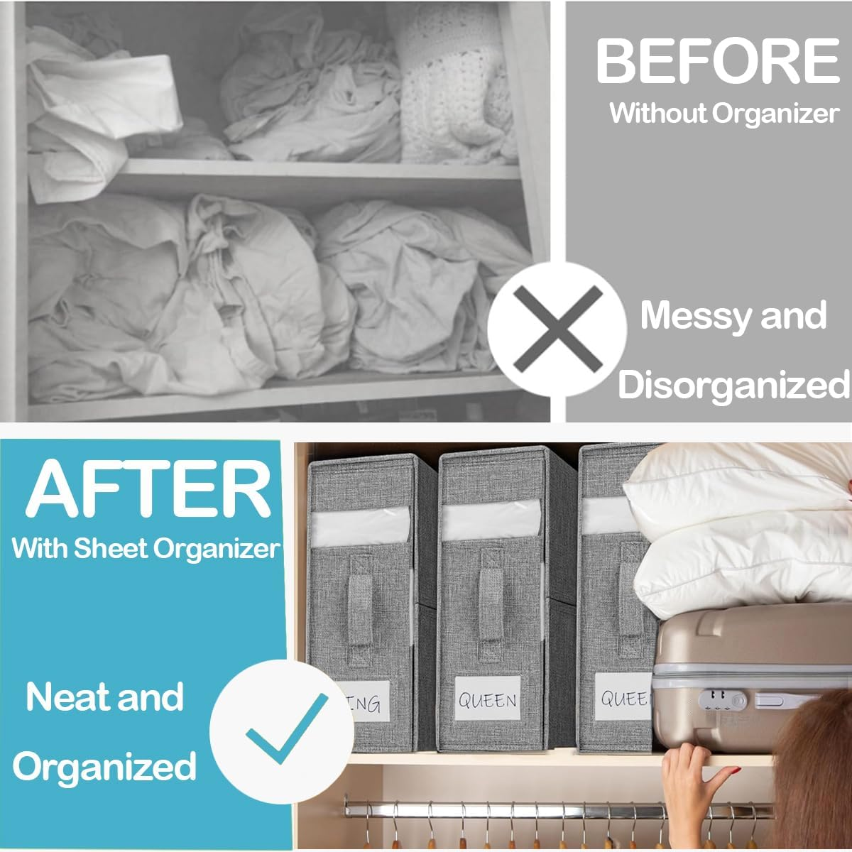 Bed Sheet Organizers, Stackable & Foldable Sheet Storage, Duvet Covers and Pillowcases, Linen Closet Storage Organizer for Bedding Suitable for Home Use by Queen (1-Pack Grey) image number 1