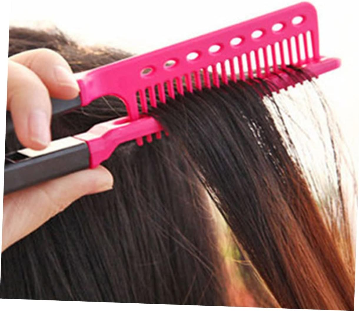 Salon Hair Straightening Comb 3Pcs Folding V-Shaped Hair Straightener Combs for Women Travel Set Rose Red Blue Pink image number 4