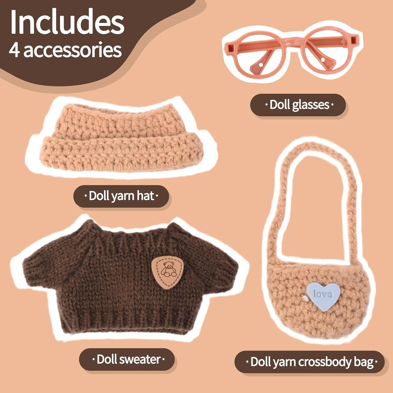 Clothes for Labubu(No Doll), Handcrafted Knit Mini Sweater Outfit and Glasses Compatible with 17Cm Plush Dolls image number 4