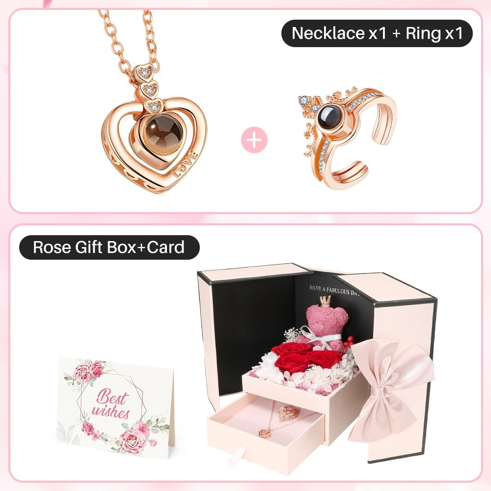 AUTOWT Preserved Rose Gifts for Women, Pink Eternal Flower Rose Box with I Love You Necklace and Ring, Romantic Gifts for Mom Grandma Wife Sweetheart on Mother&rsquo;S Day Valentines Christmas Anniversary image number 2