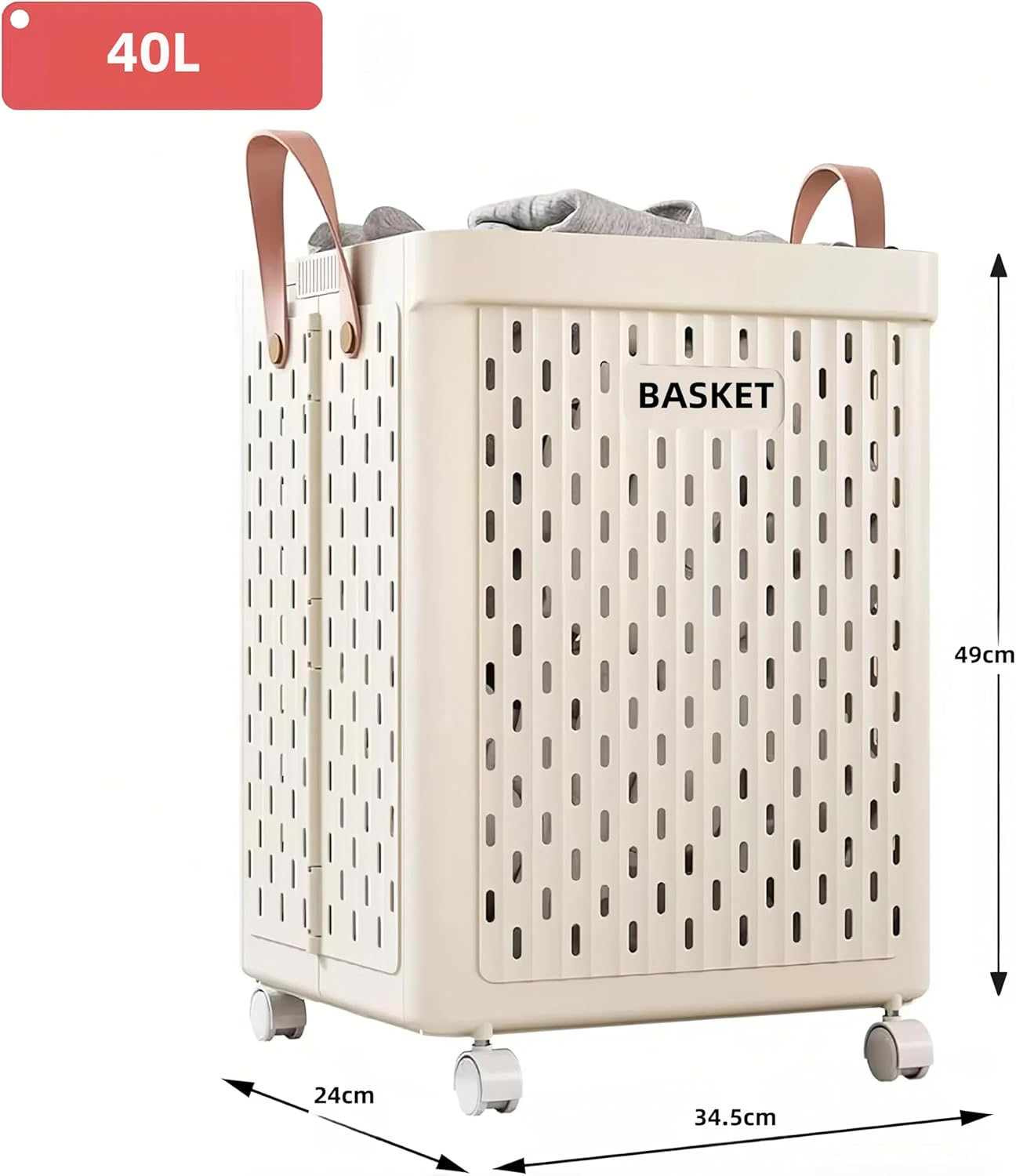 Roagoway Laundry Basket with Wheels, Collapsible Plastic Laundry Hamper with Handle, Foldable Laundry Basket Organizer for Laundry and Bathroom (Ivory, 40L) image number 5