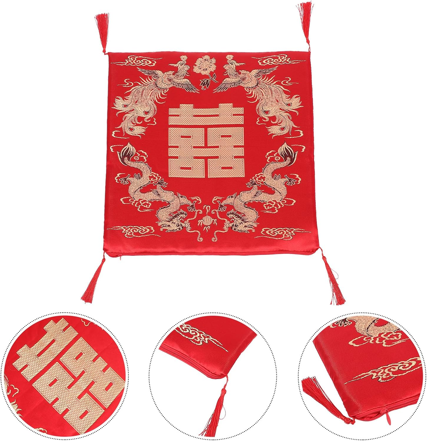 LIFKOME Chinese Style Seat Cushion with Dragon and Phoenix Pattern, Red Polyester Cotton Chair Pad for Home, 16.5X16.5X0.6 Inches, Multi-Purpose for Kneeling, Tea Ceremony, Dining Room, Window Seat image number 6