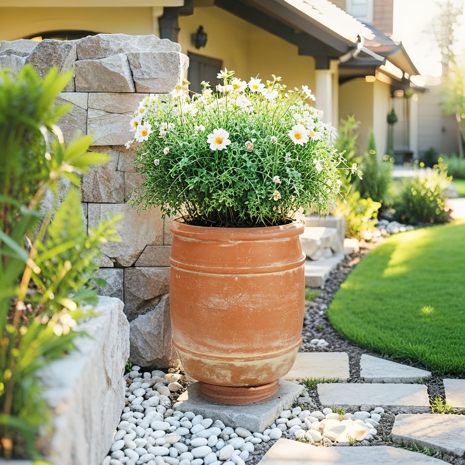 28 H X 24Cm Dia (21.5Cm Pot Opening) Terracotta round Fiberstone Tall Planter with Drainage Hole, Large Pots for Plants Indoor/Outdoor image number 5