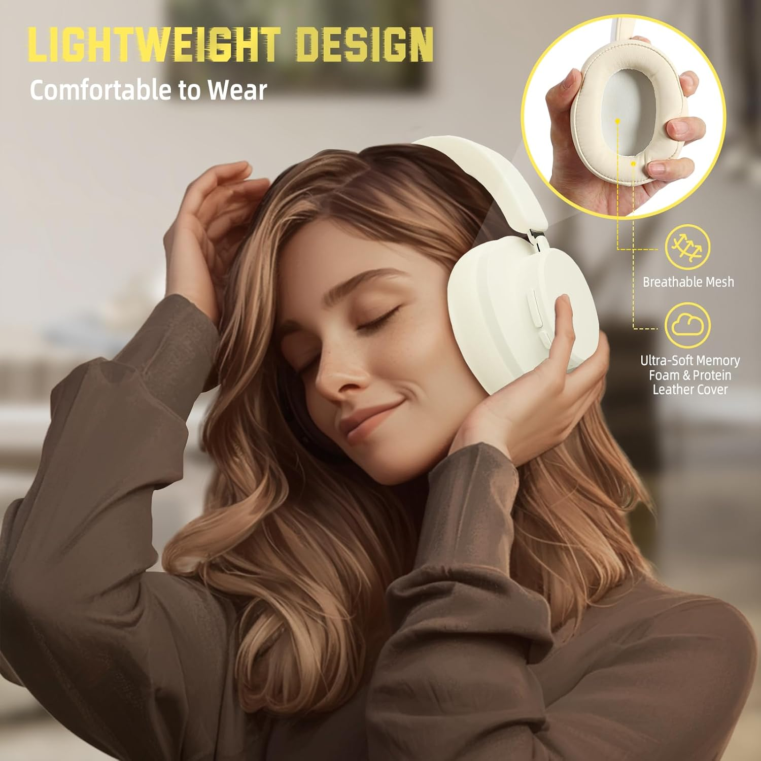 ATTACK SHARK G500 Active Noise Cancelling Wireless Headphone, over Ear Bluetooth Headset with Built-In Mic, BT5.3 & 3.5MM Wired Dual Mode, Lightweight Foldable, On-Ear Style for Home/Office - Beige image number 5