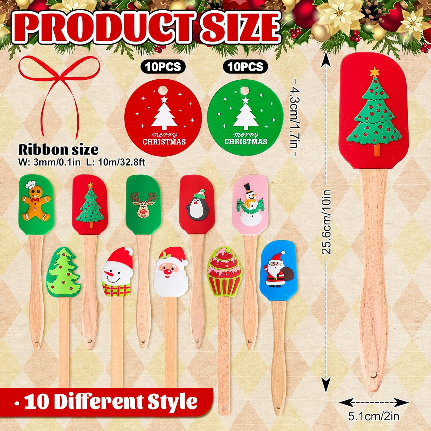 Whaline 10Pcs Christmas Silicone Spatula Xmas Tree Santa Spatula with Wooden Handle Xmas Snowman Dish Pan Scraper Cute Pancake Spatula with Tag & Ribbon for Kitchen Baking Mixing Cooking image number 6