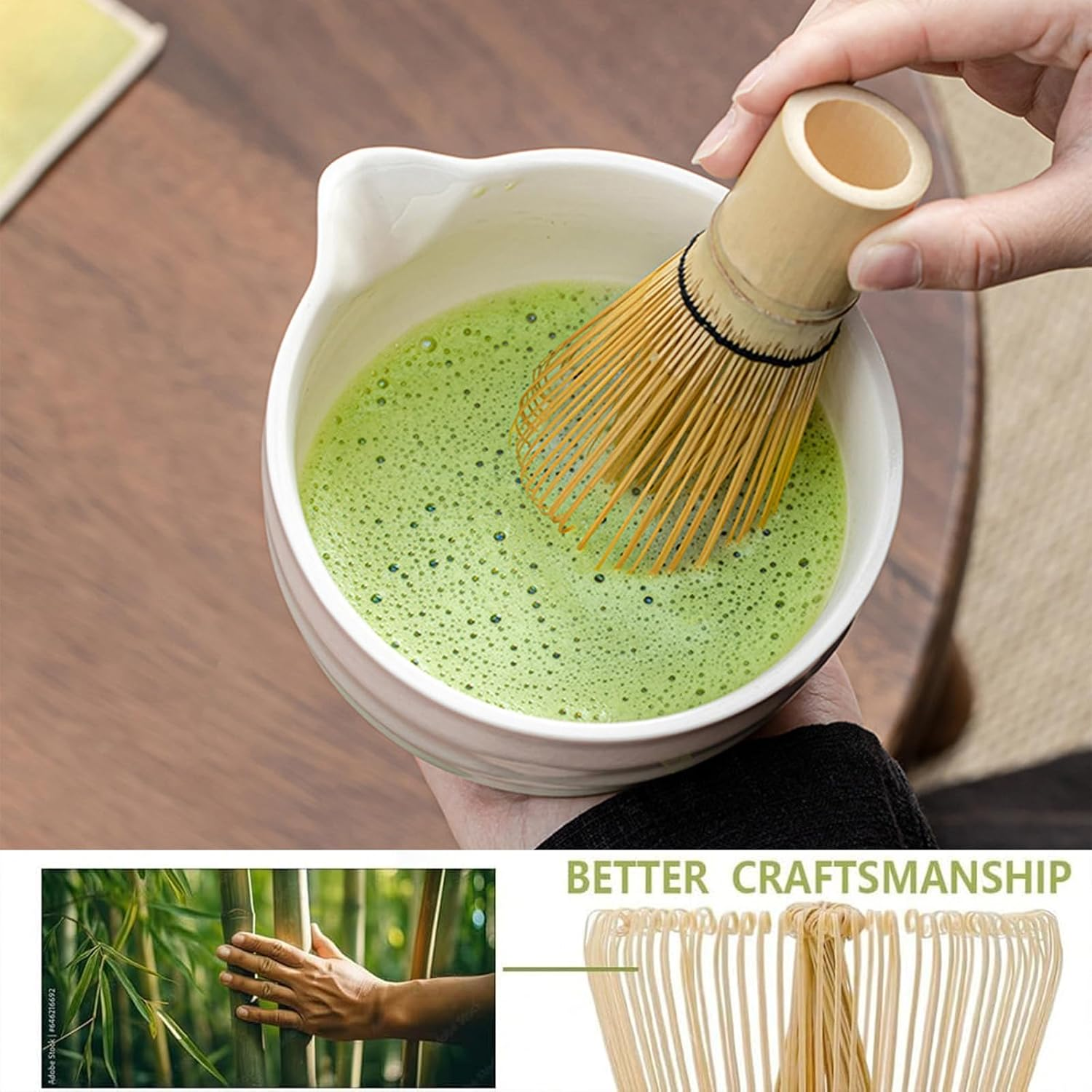 Matcha Whisk Set, Matcha Bowl with Spout, with Handcrafted Bamboo Whisk Matcha Scoop Matcha Stand Matcha Bowl and Stainless Sifter, for Matcha Tea Ceremony (7Pcs) image number 5