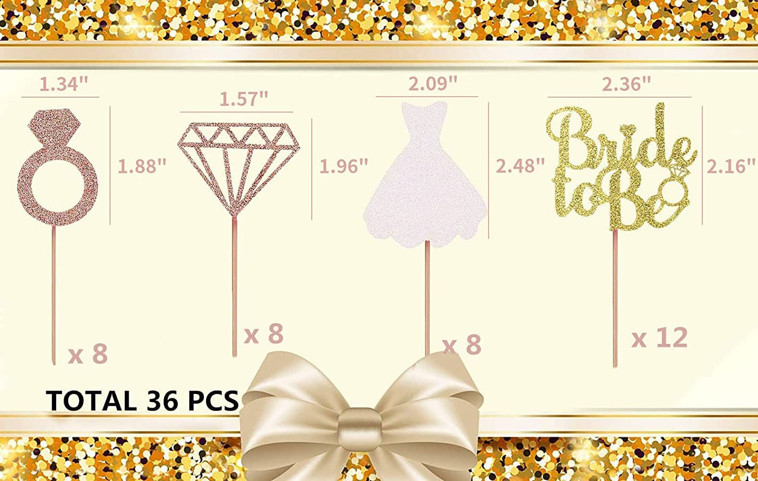 Jevenis Set of 36 Glitter Bride to Be Cupcake Toppers Diamond Ring Wedding Dress Cupcake Toppers for Wedding Engagement Bridal Shower Decorations image number 5