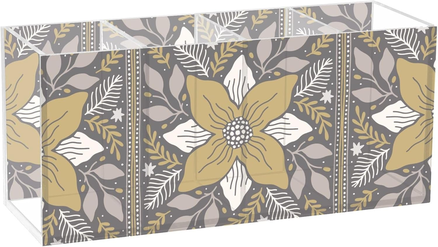 Guoche Acrylic Pen Cup Holder for Desk Merry Christmas Retro Brown Flowers 4 Compartments Clear Plastic Brush Holder for Vanity for Bedroom Accessory Art Supply Storage Organizer image number 2