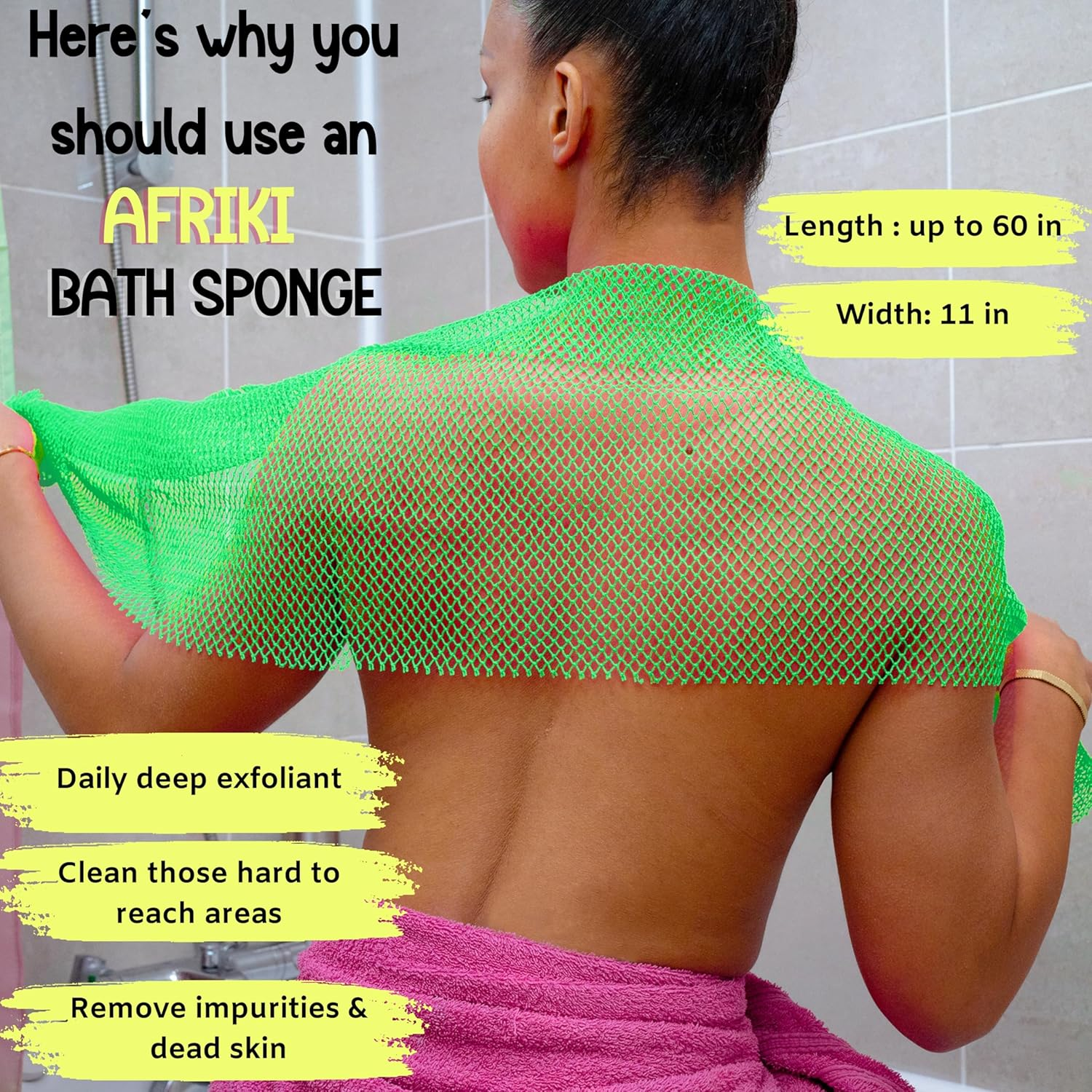 AFRIKI African Net Sponge, African Exfoliating Sponge, Black Owned, Exfoliating Washcloth, Body Exfoliator for Bath and Shower, Back Scrubber, Dead Skin Remover (Green, Purple, 1 Count (Pack of 2)) image number 4