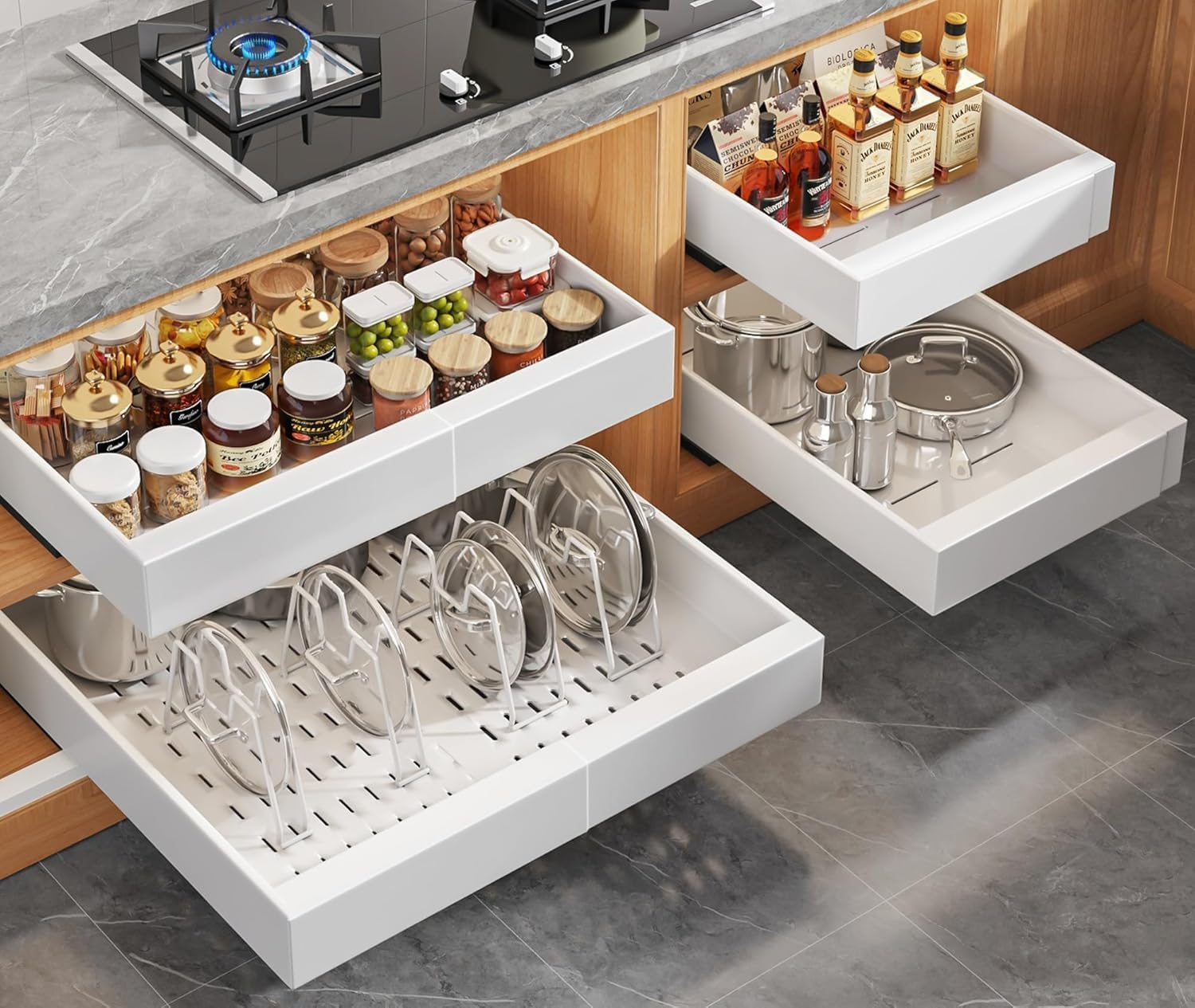 2 Pack Pull Out Drawers for Cabinets,Expandable(31 to 52Cm W) Pull Out Cabinet Organizer with Adhesive Film,Pull-Out Shelf for Kitchen Cabinet,Pantry, Bathroom Storage-42Cm Deep