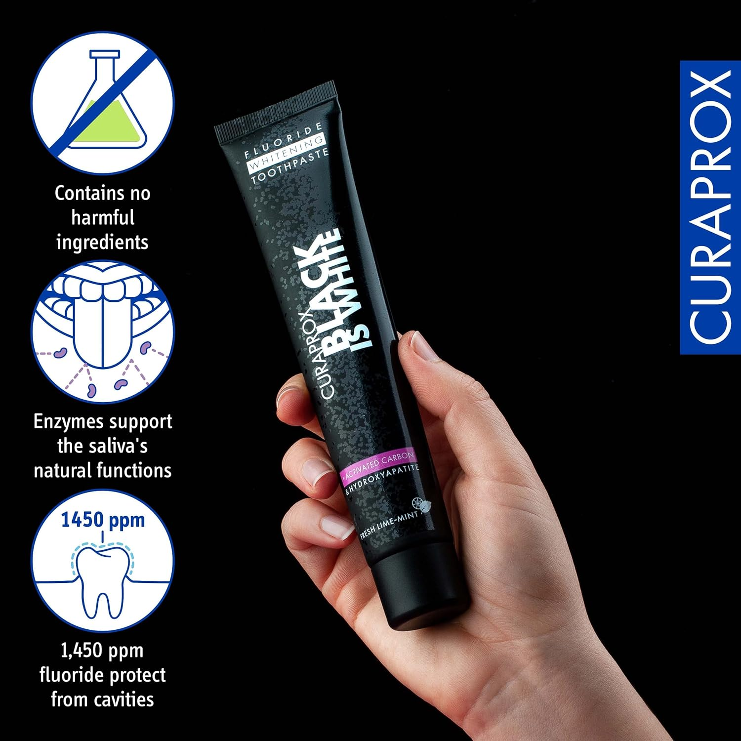 Curaprox Black Is White Toothpaste for White Teeth, Teeth Whitening with Black Activated Carbon Toothpaste, Whitening Toothpaste, 1 X 90 Ml image number 3