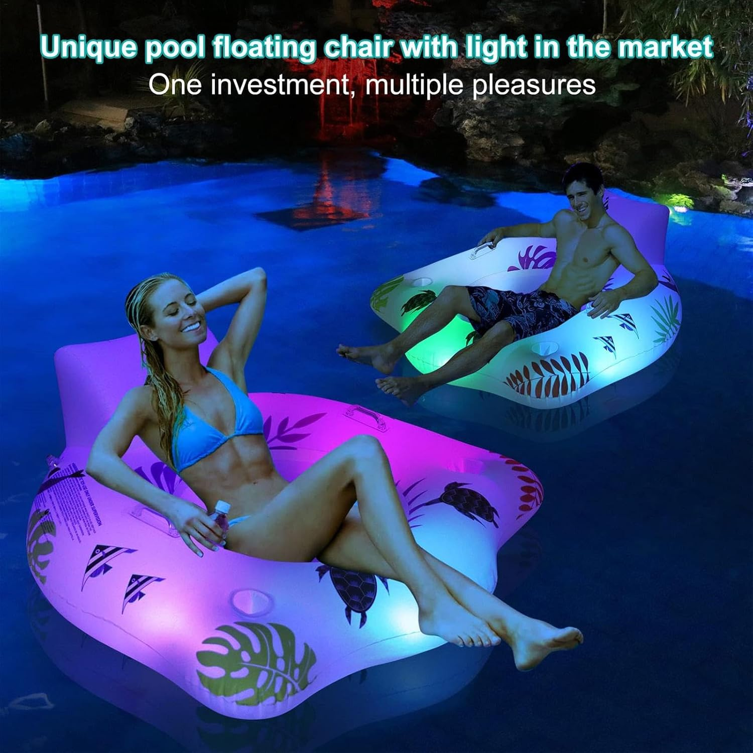 Pool Lounger Float | Beach Float Chair | Summer Float Recliner Chair for Swimming Pool, Inflatable Pool Floats Adult with Cup Holder and Color-Changing Lights image number 3