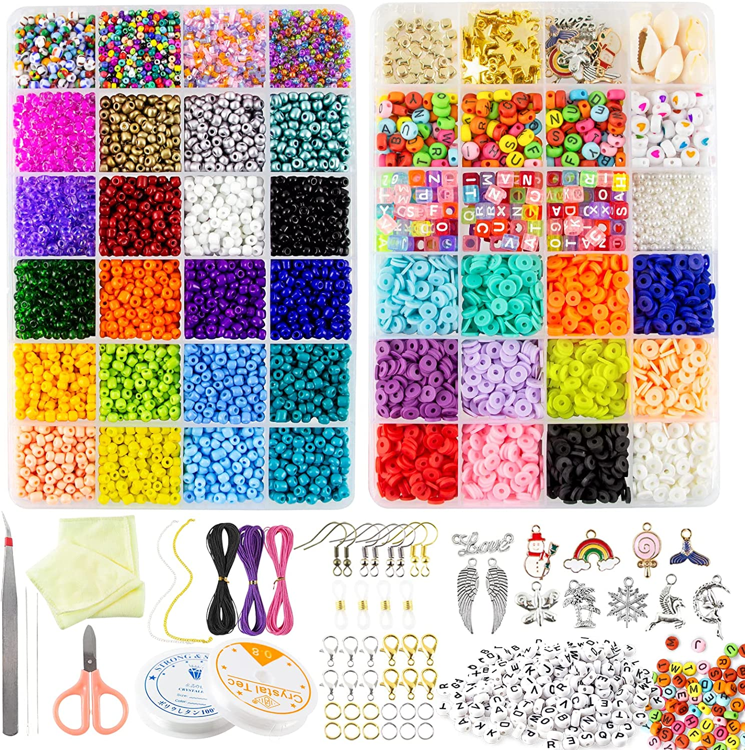 AKILION Beads for Jewellery Making Kit Includes 5500 Pcs Glass Seed Beads 2400 Pcs Flat Clay Beads 820 Pcs Alphabet Beads Pearl Beads Pendant Jewelry Wire, DIY Beading Kit, Necklace Bracelet Earring Making Kit, Arts & Drafts Supplies for Kids, Gift Set for Teens Girls image number 1