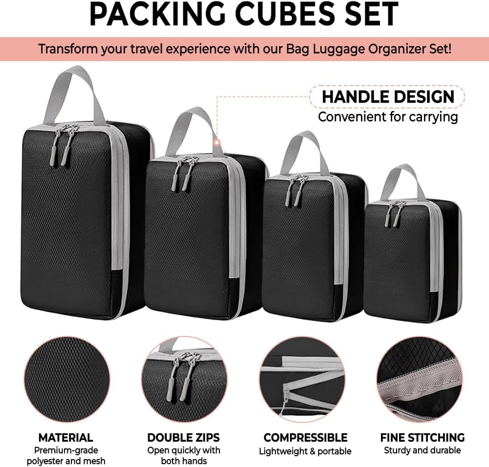 Unipro GOODS- Travel Bag Luggage Organizers 8 Piece Set- Compression Packing Cubes for Suitcases, Drawstring Pouch and Shoe Bag, Travel Accessories, More Lightweight and Durable image number 3