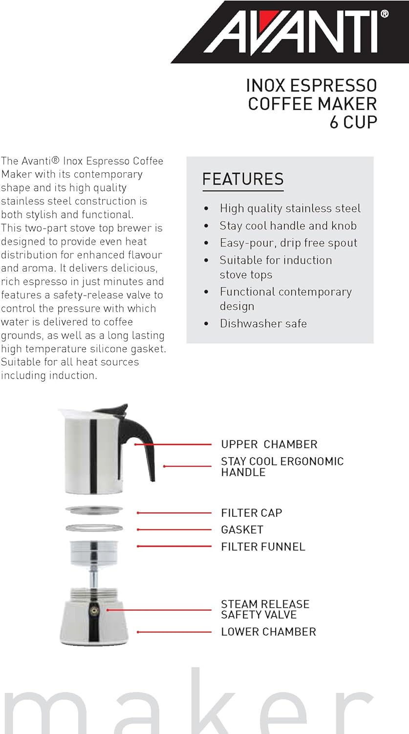 Avanti INOX Espresso Stainless Steel Stovetop Coffee Maker, 300 Ml / 6 Cup image number 2