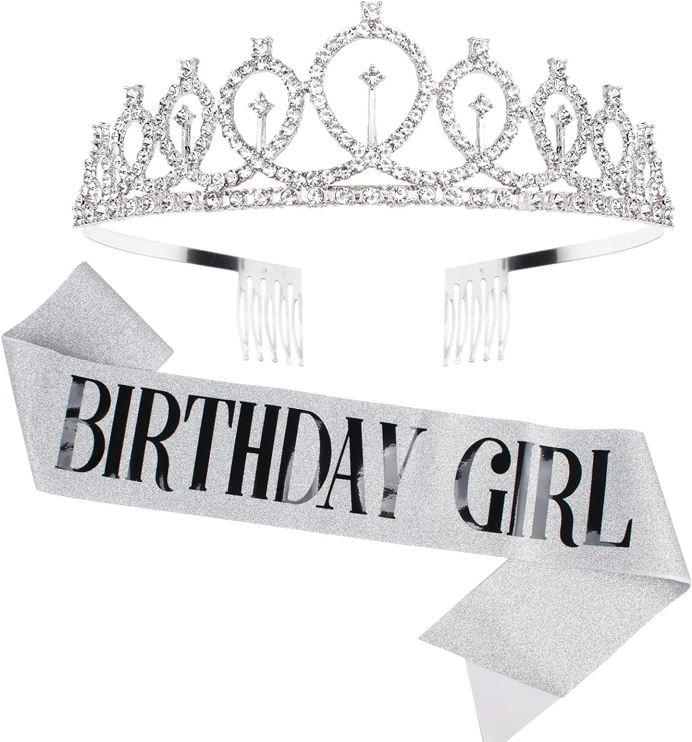 Birthday Sash & Rhinestone Tiara - Silver Birthday Gifts Glitter Birthday Sash Birthday Party Favors