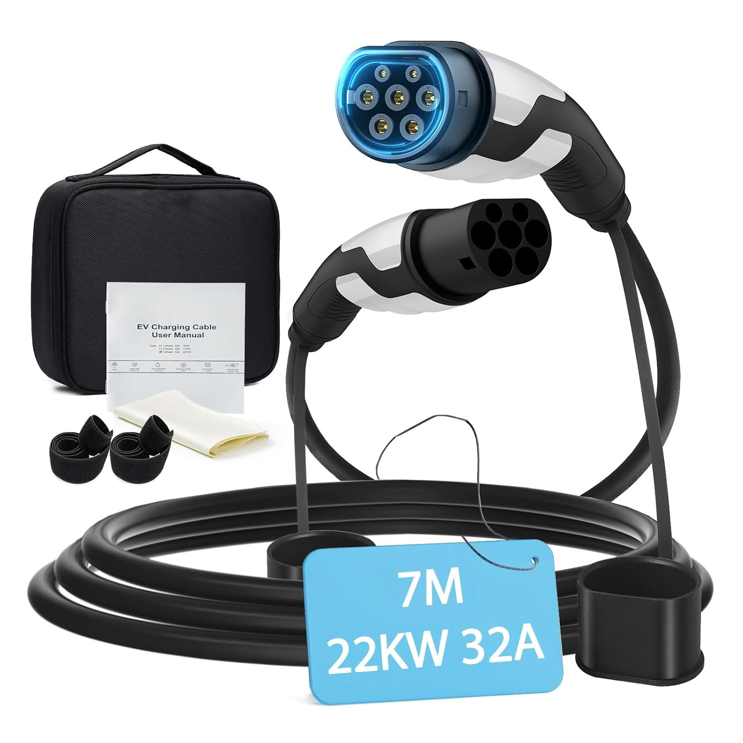 Type 2 to Type 2 EV Charging Cable, 7M EV Chargr, Model 3 | 22KW | 32 a | 3P, 22KW, Fast Charing Cable, EV Spring Shrinks Cable White Compatible with Byd/Bmw/Toyota image number 1