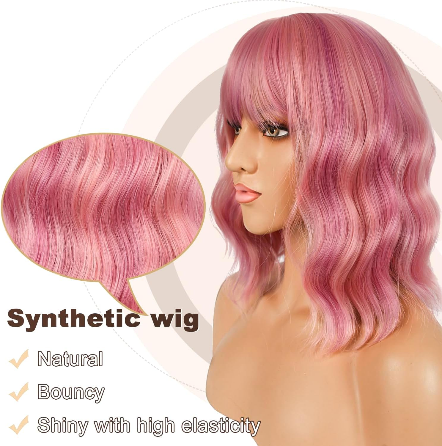 YEESHEDO Women'S Wig Pink Mix Pastel Pink Short Bob with Fringe Curls Natural Wigs for Women Cosplay Wig 35 Cm image number 3