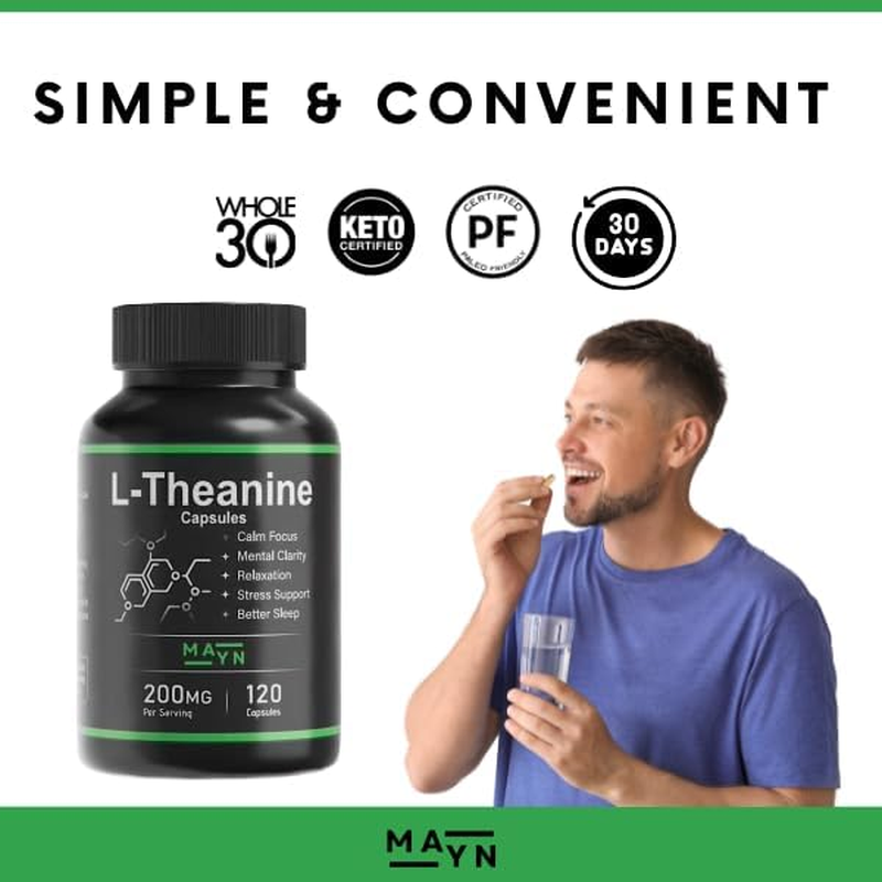MAYN L-Theanine Capsules &ndash; Natural Relaxation, Stress Relief & Focus Support Supplement &ndash; 200Mg Vegan, Non-Gmo, Clean Formula for Calm Mood & Mental Clarity &ndash; 120 Capsules image number 1