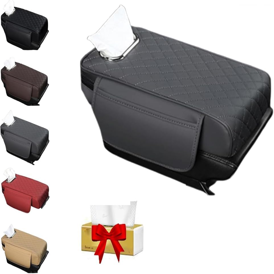 1 Pcs Memory Foam Car Armrest Cushion, Leather Car Armrest Box Pad, New Car Center Console Cushion, with Pocket and Tissue Box for Most Cars Black New Car Center Console Cushion