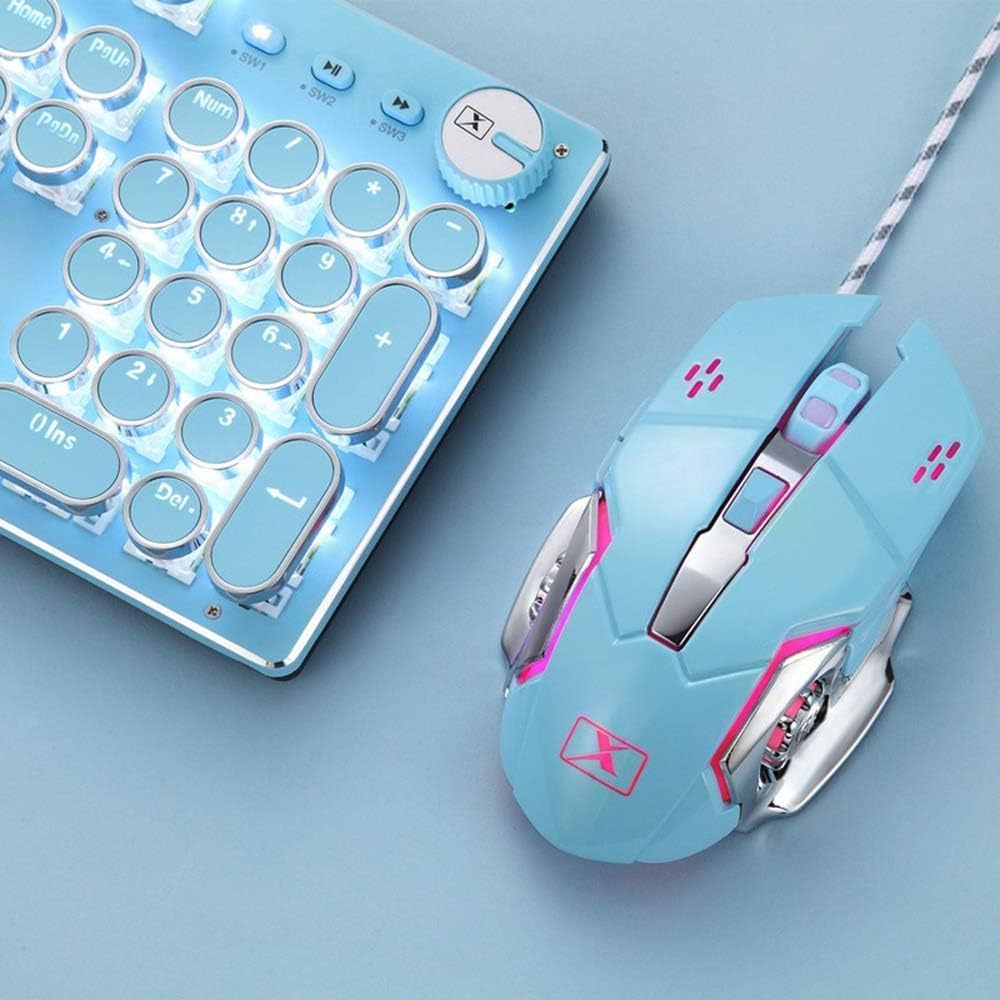 Basaltech Mechanical Gaming Keyboard and Mouse Combo, Retro Steampunk Vintage Typewriter-Style Keyboard with LED Backlit, 104-Key Anti-Ghosting Blue Switch Wired USB Metal Panel round Keycaps, Blue image number 3